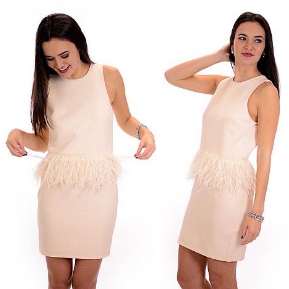 Endless Rose Monte Carlo Ostrich Feather Peplum Sheath Dress Peach S NWT
